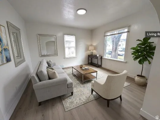 Neutral interior showcasing wood-finish flooring