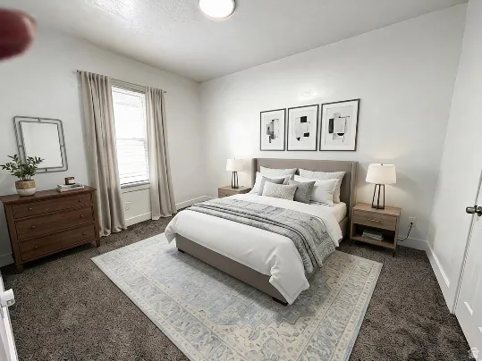 Neutral paint palette with plush carpeting and a central ceiling light fixture
