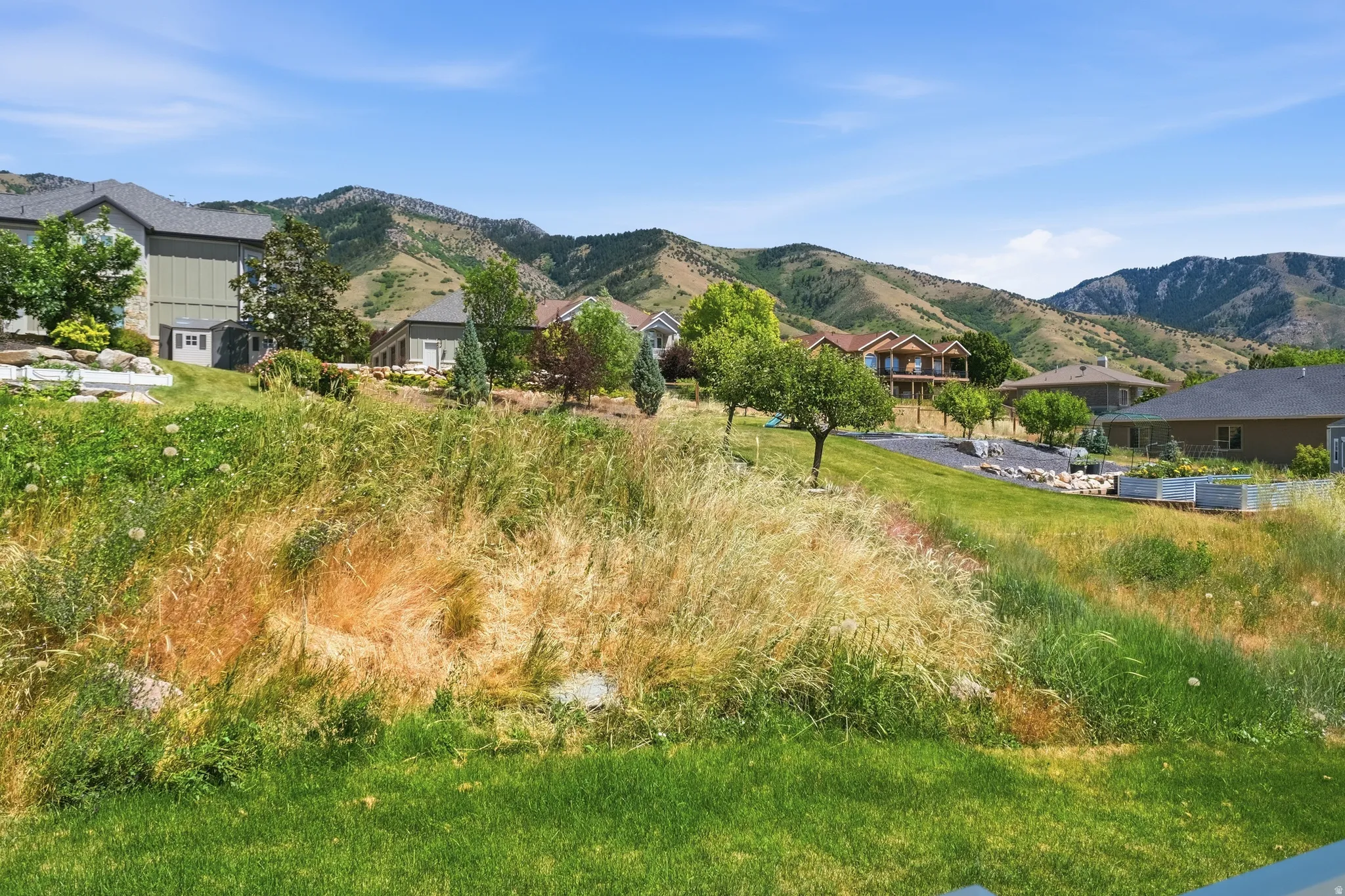 Expansive sloped property featuring a blend of manicured lawn and natural grasses, complemented by mature trees and mountain terrain