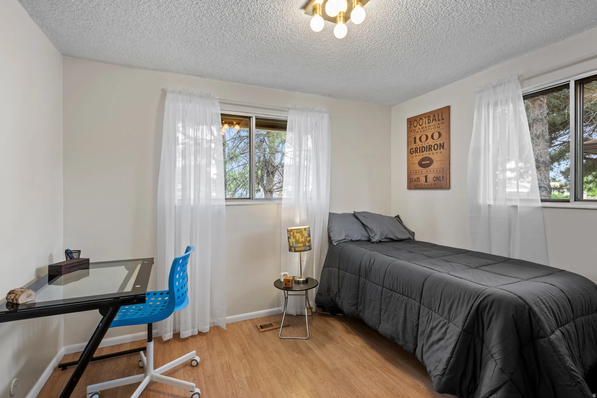 Bedroom featuring wood-finish flooring, two windows with white sheer curtains, and a ceiling-mounted light fixture