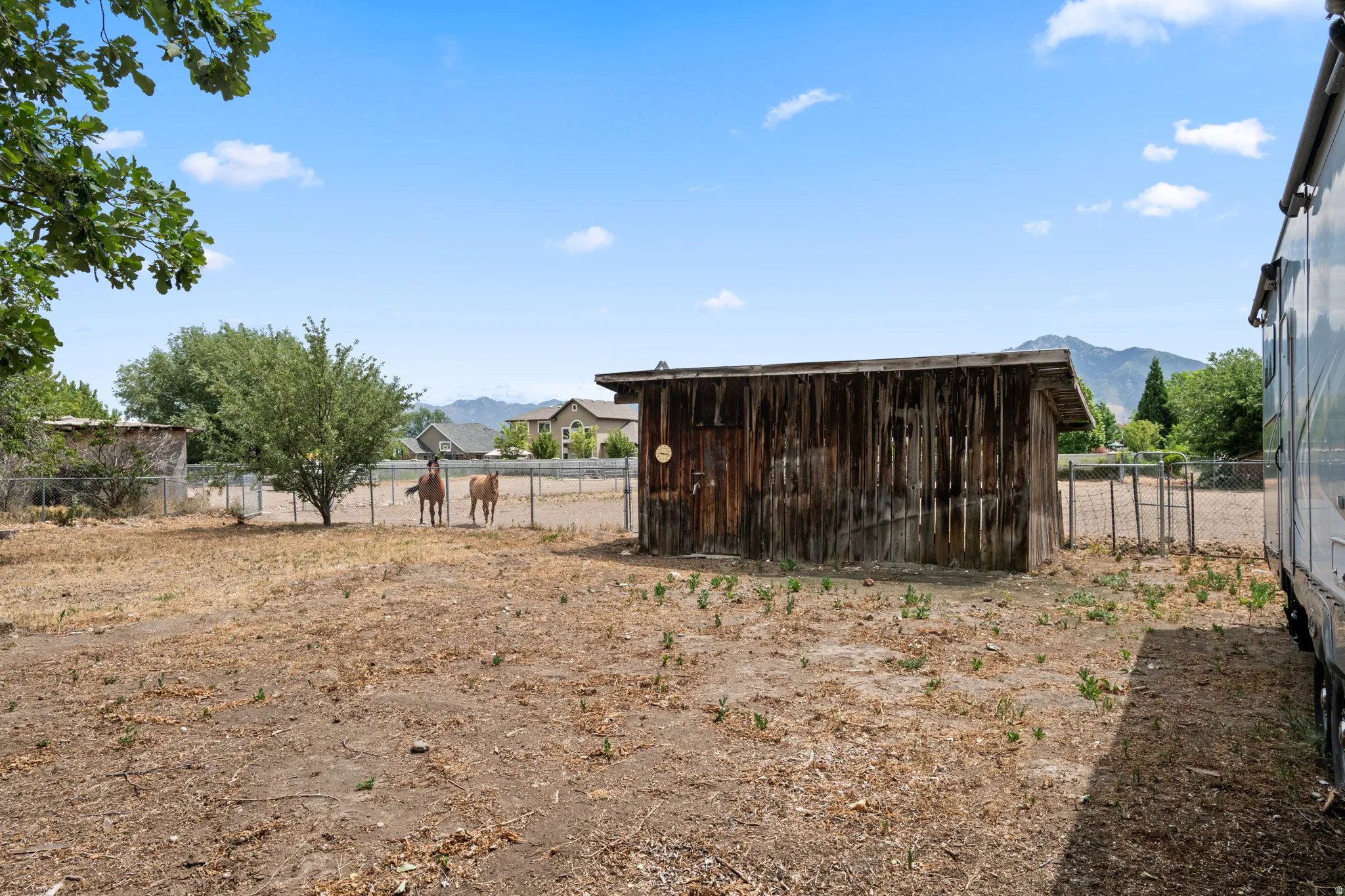 Expansive outdoor space featuring a rustic wooden outbuilding, chain-link fencing, and mature trees