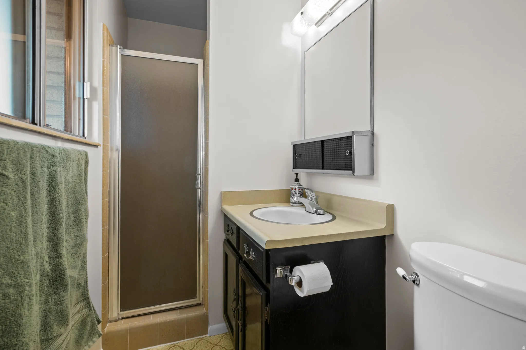 Bathroom featuring a vanity with a white basin and light-toned countertop, a mounted mirror with overhead lighting, and a standing shower with a frosted glass door