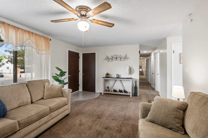 Expansive living space featuring neutral-toned walls and carpet flooring