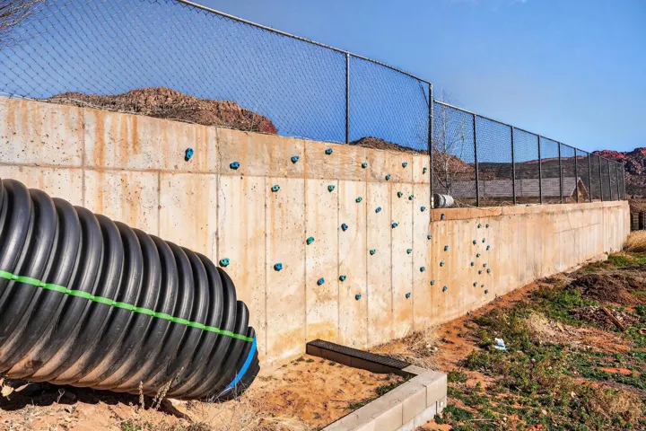 Concrete retaining wall with integrated climbing holds