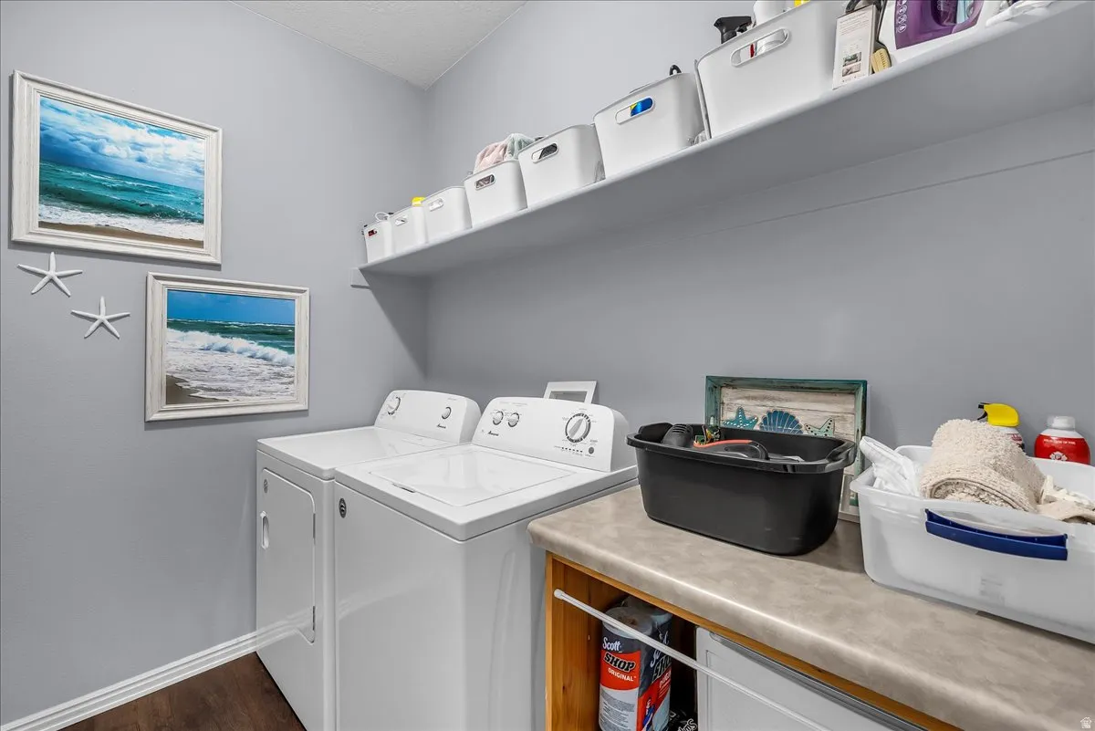 Dedicated laundry area featuring a countertop, shelving, and wood-finish flooring