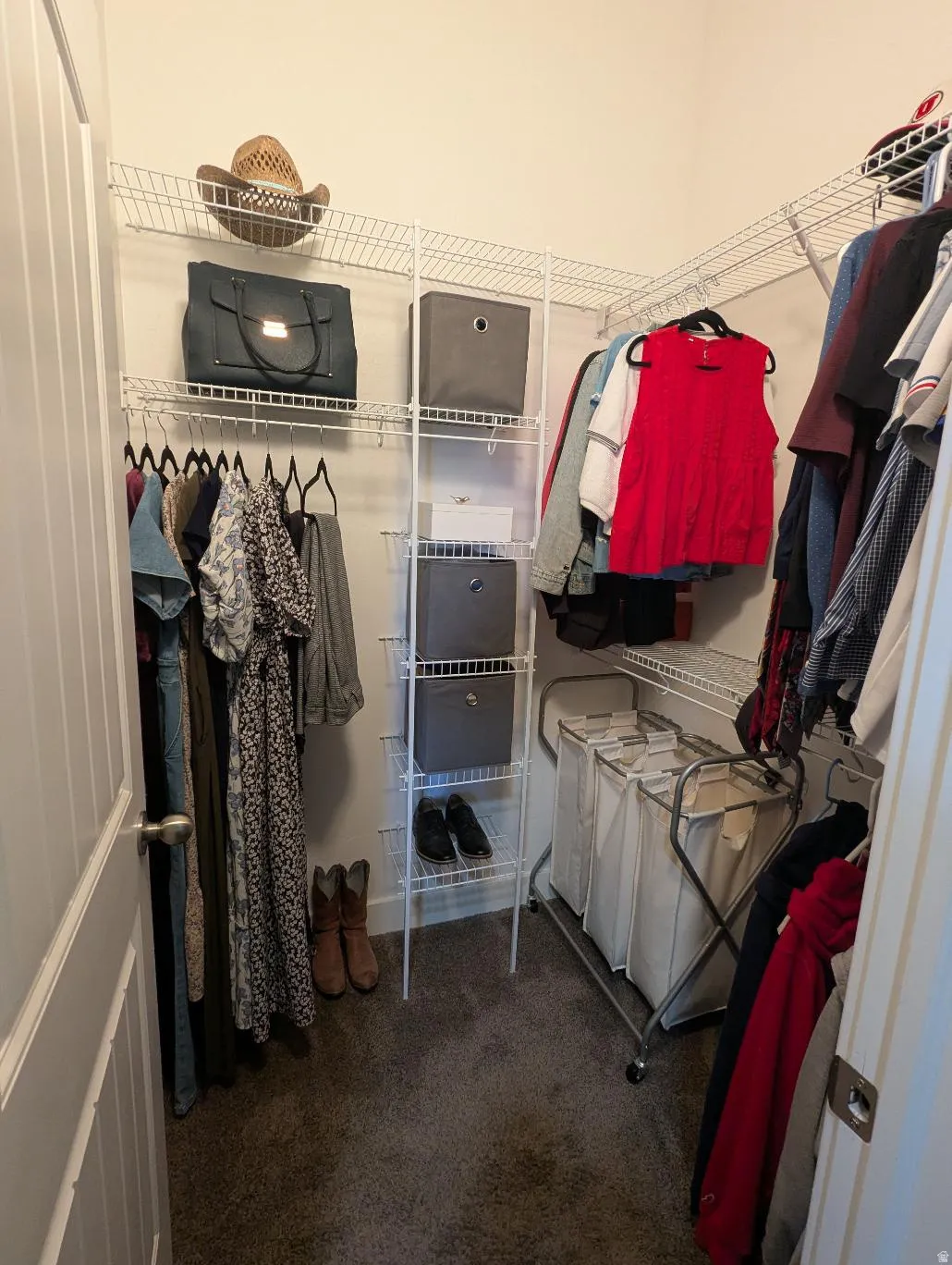 Walk-in closet featuring carpet flooring, white wire shelving, and multiple hanging rods for organization