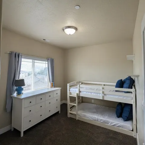Carpeted room with a ceiling-mounted light fixture, neutral wall colors, and a window with blinds