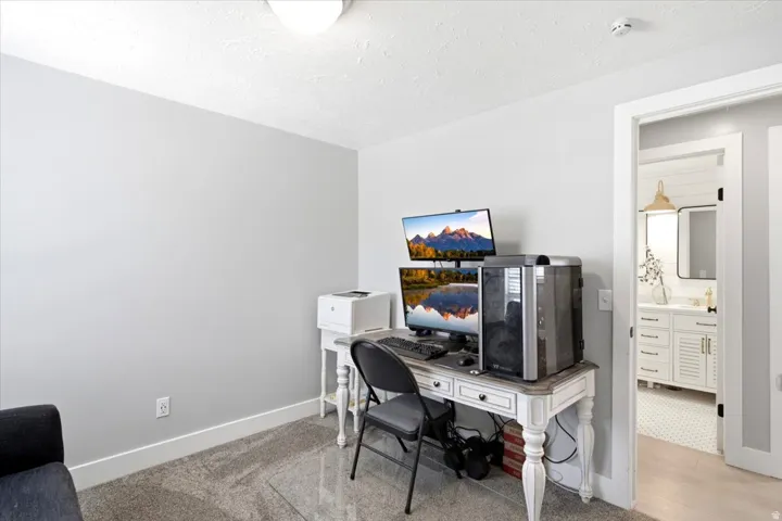 Carpeted room with light grey walls and white trim