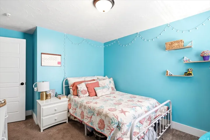 Carpeted bedroom featuring vibrant blue walls, white trim, and a five-panel interior door with black hardware