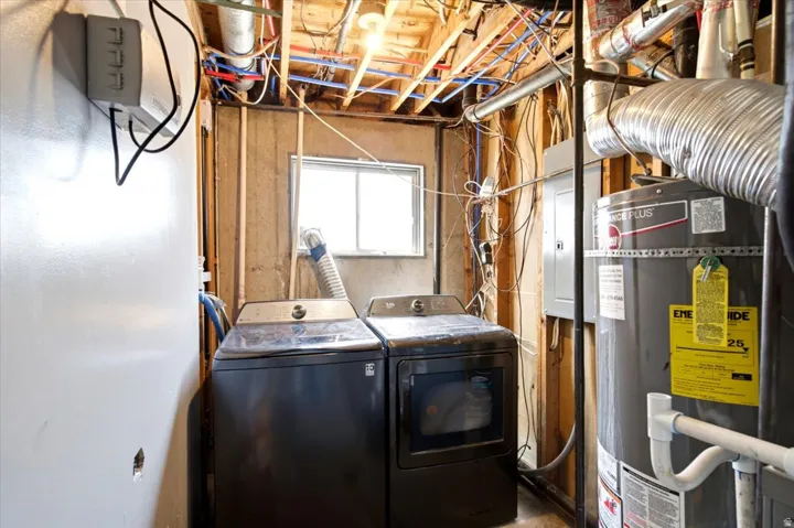 Dedicated utility area featuring a water heater, electrical panel, and exposed ceiling joists