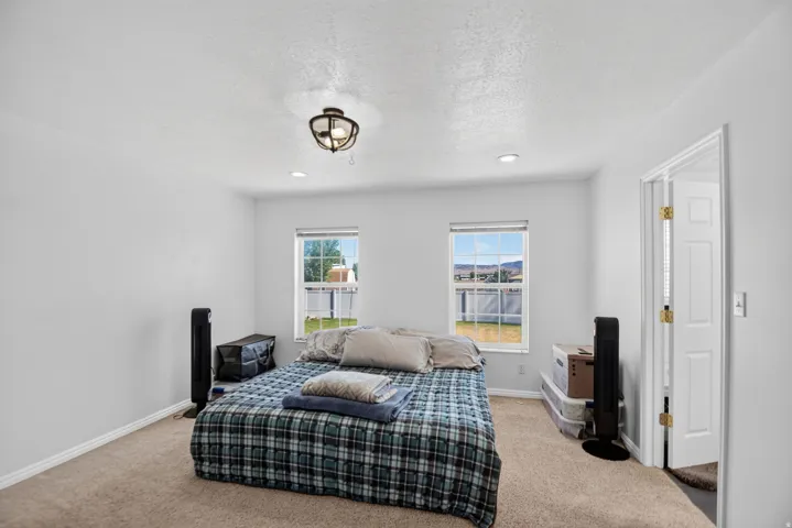 Carpeted room with white walls, two windows, and a ceiling-mounted fixture