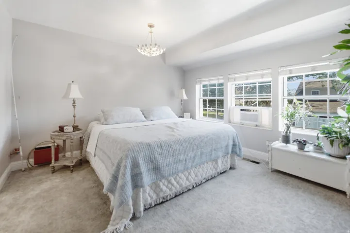 Carpeted bedroom featuring multiple windows, a ceiling light fixture, and light-colored walls