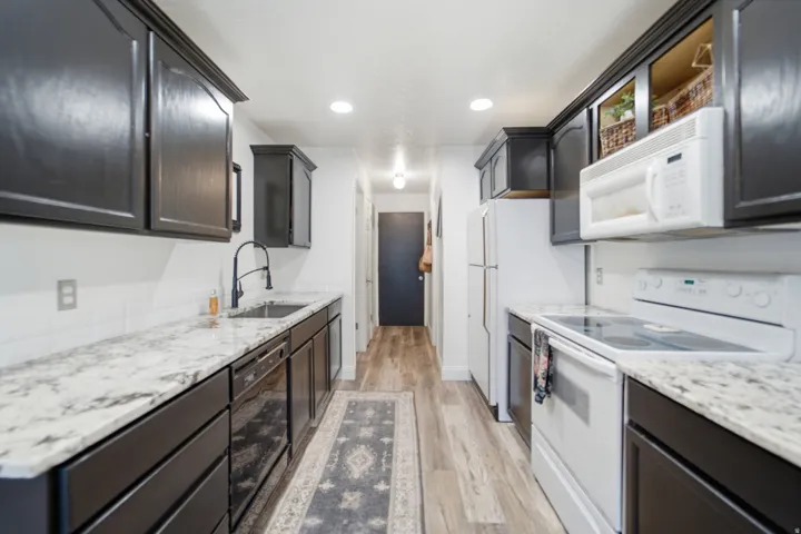 Modern kitchen featuring dark cabinetry, light-toned countertops, and wood-finish flooring