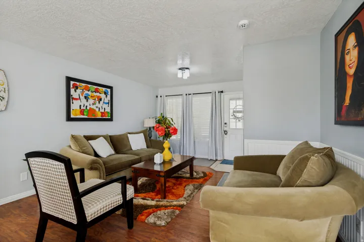 Wood-finish flooring throughout the space