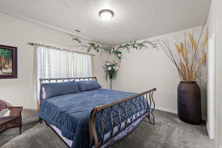 Carpeted room featuring a window with sheer curtains, white walls, and a ceiling-mounted light fixture