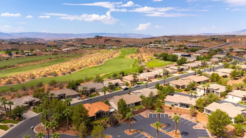 Aerial perspective showcasing a residential community with varied architectural styles