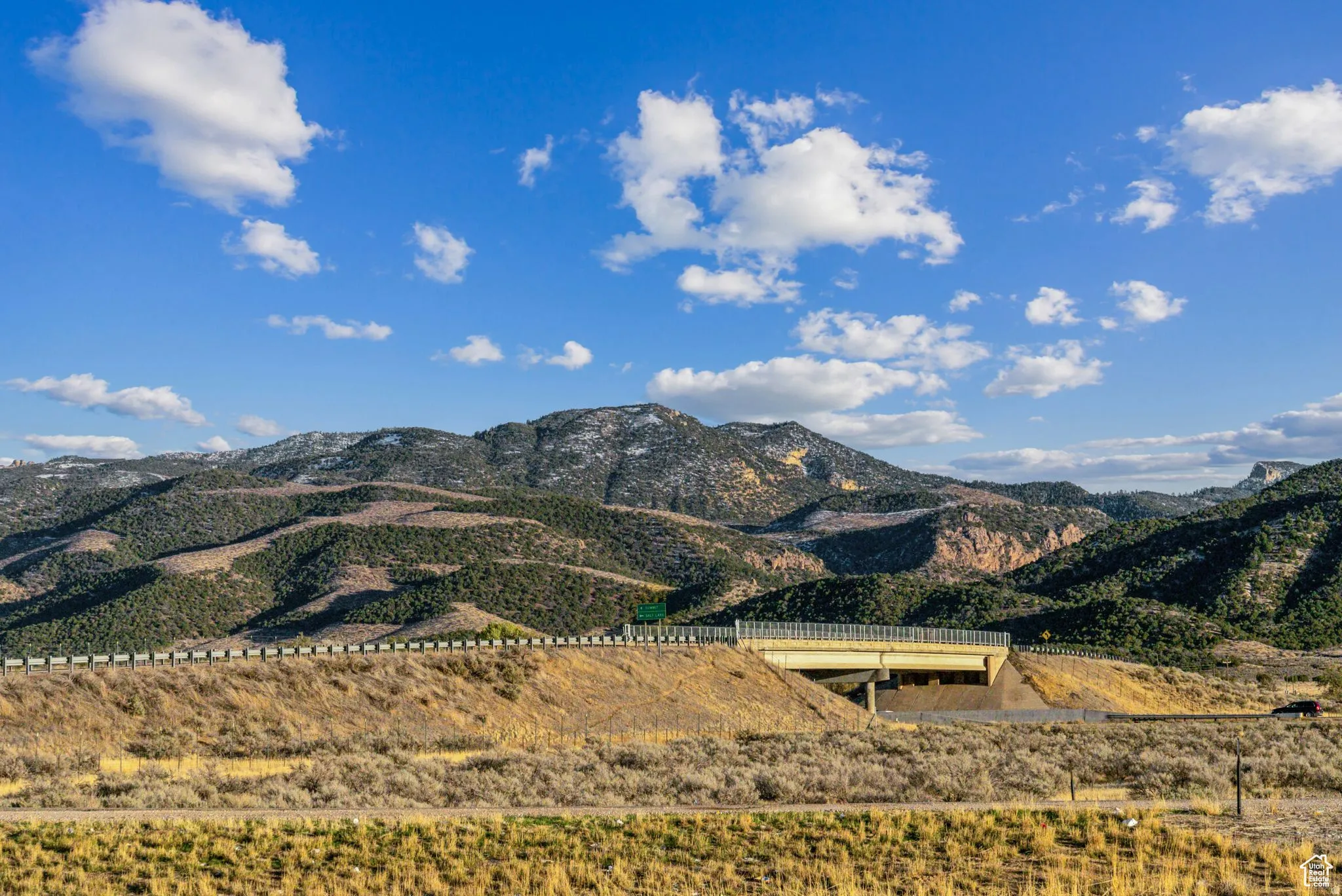 Mountainous terrain with evergreen trees and visible rock formations under a bright blue sky