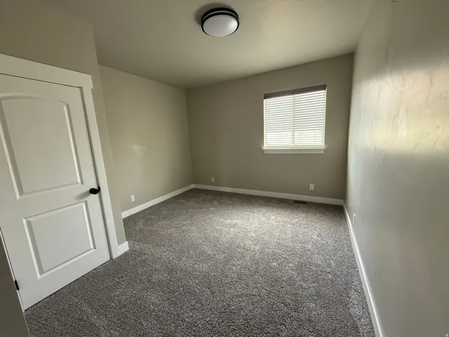 Neutral-toned room featuring a single window with blinds, gray carpeting, a flush-mount ceiling light fixture, and a white interior door