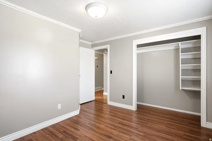 Interior room featuring wood-finish flooring, light gray wall paint, white trim, and a ceiling-mounted light fixture
