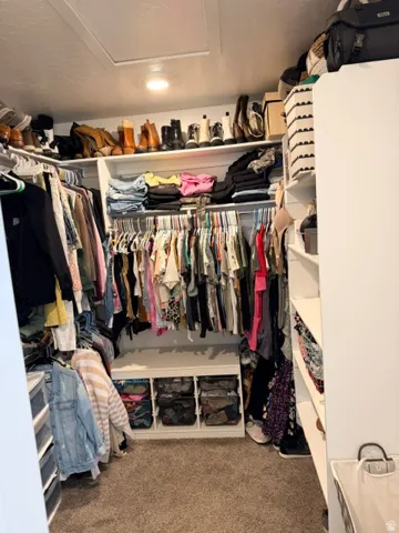Walk-in closet featuring built-in shelving, multiple hanging rods, carpet flooring, and recessed ceiling lighting