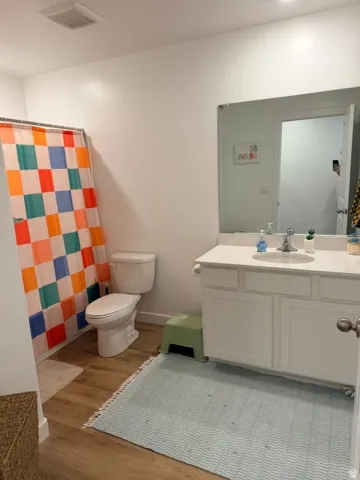 Bathroom featuring wood-finish flooring, a white vanity with a single basin sink, a wall-mounted mirror, and a toilet