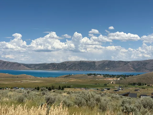 Expansive landscape featuring a large body of water, distant mountains, and scattered residential properties