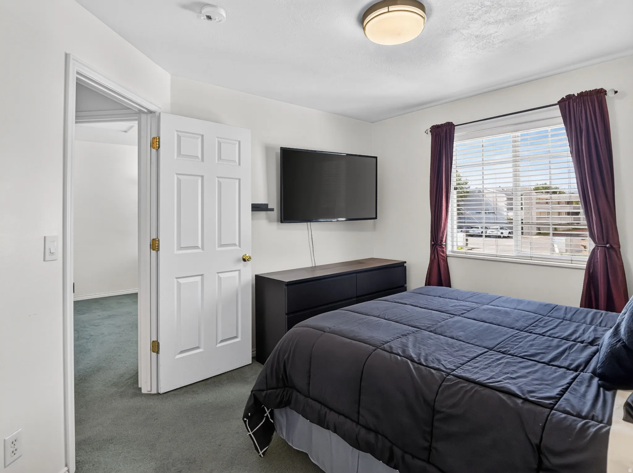 Carpeted interior space featuring a window with horizontal blinds, a white paneled door, and a flush-mount ceiling light fixture