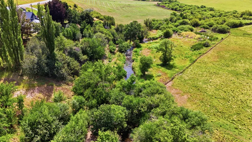 Expansive green landscape featuring a natural waterway, mature trees, and open fields