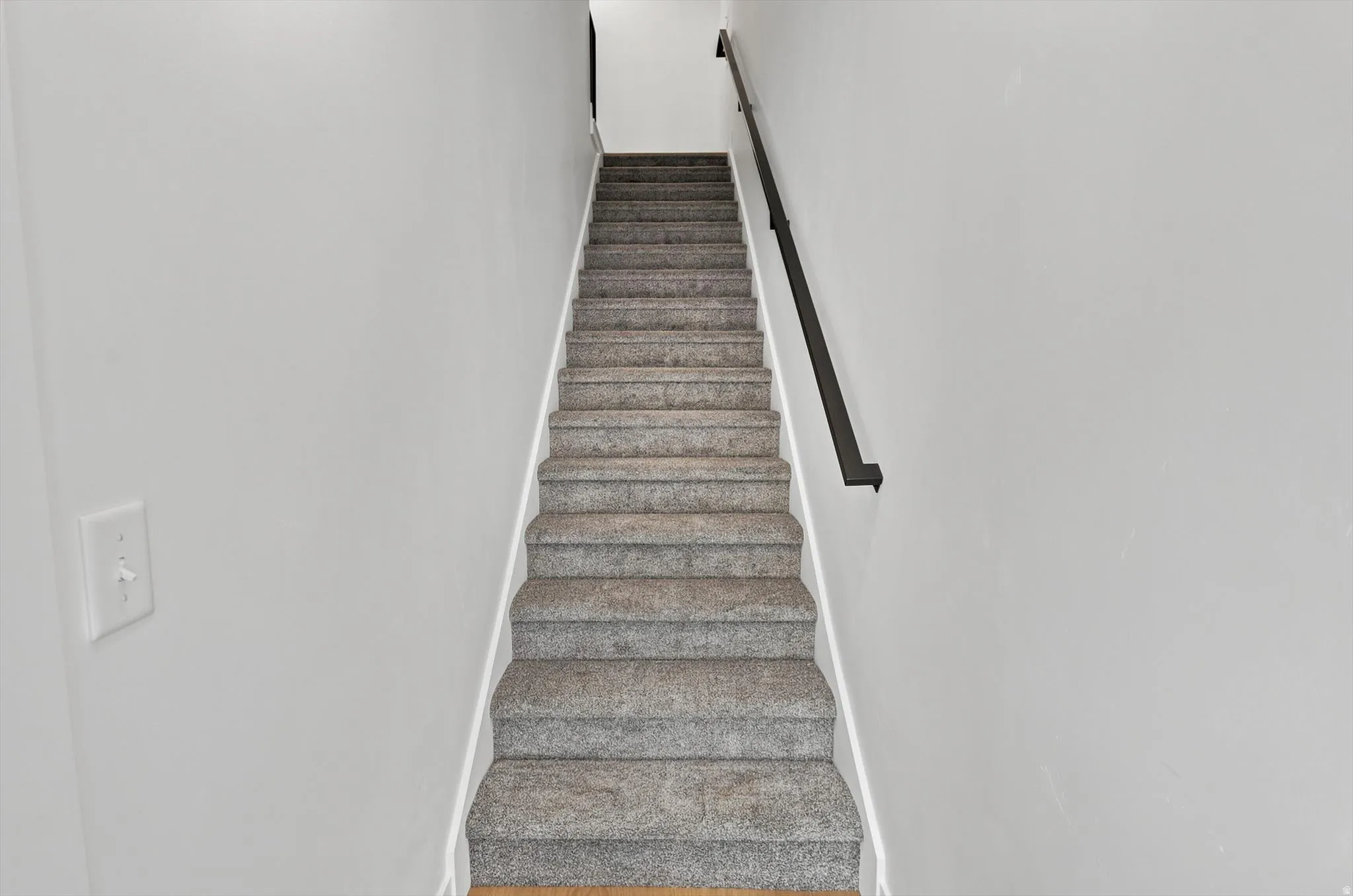 Staircase featuring carpeted treads, white risers, a black metal handrail, and a light-toned wood-finish landing