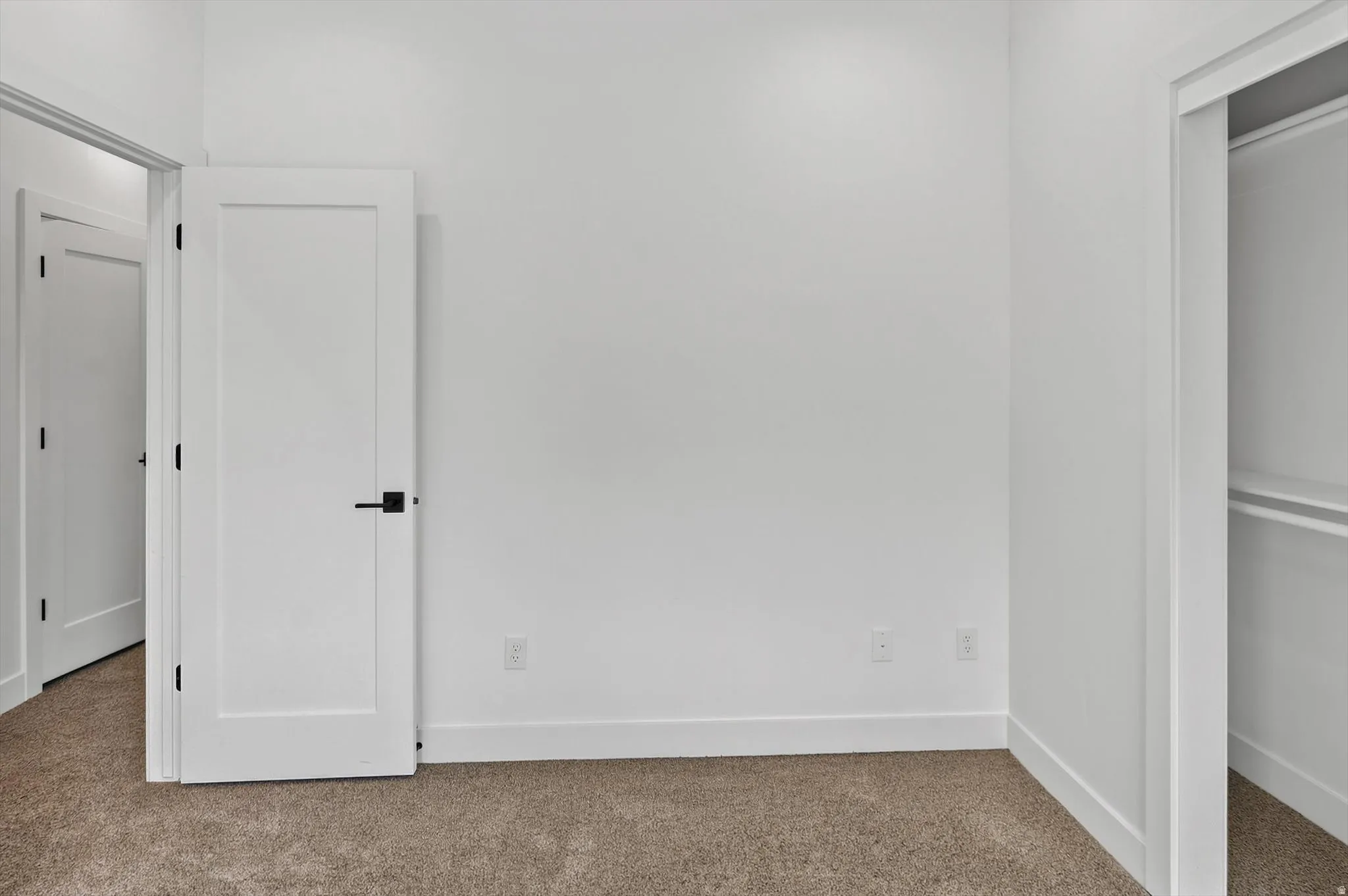 Room featuring contemporary white doors with dark hardware, a built-in closet with shelving, plush carpet flooring, and white baseboards