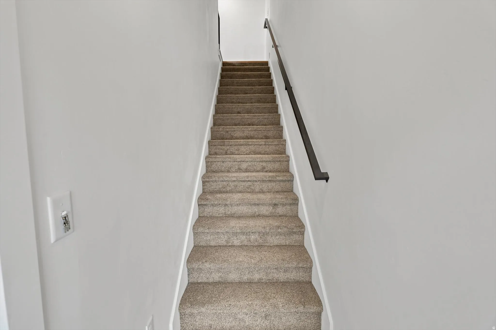 Staircase featuring light-colored carpeting, white baseboards, and a black wall-mounted handrail