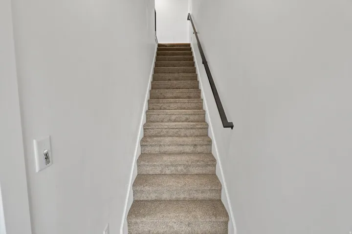 Staircase featuring light-colored carpeting, white baseboards, and a black wall-mounted handrail