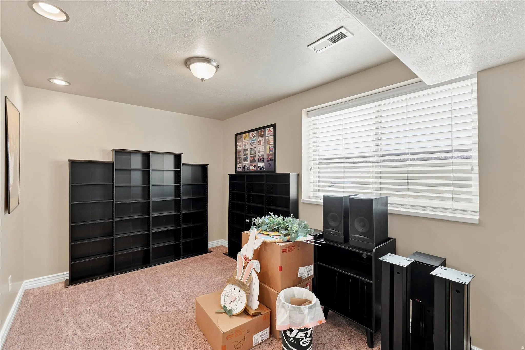 Carpeted room featuring a large window with blinds, recessed lighting, and a ceiling-mounted light fixture