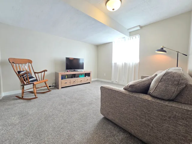 Spacious room featuring light-colored walls, grey carpeting, a window with white drapes, and a flush-mount ceiling light fixture