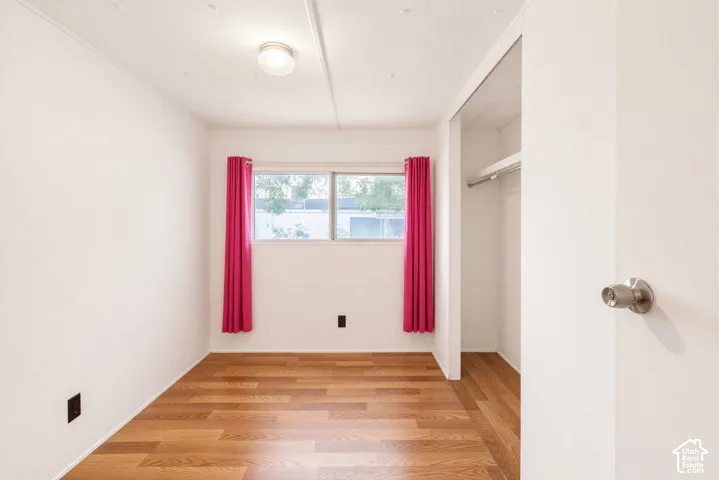 Wood-finish flooring, overhead flush mount lighting, and a built-in closet with a hanging rod