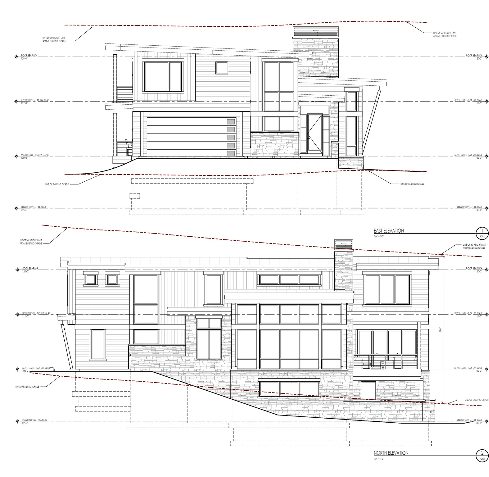 Architectural Plans. Displaying the East and North elevations of the property with associated grade lines and height limitations