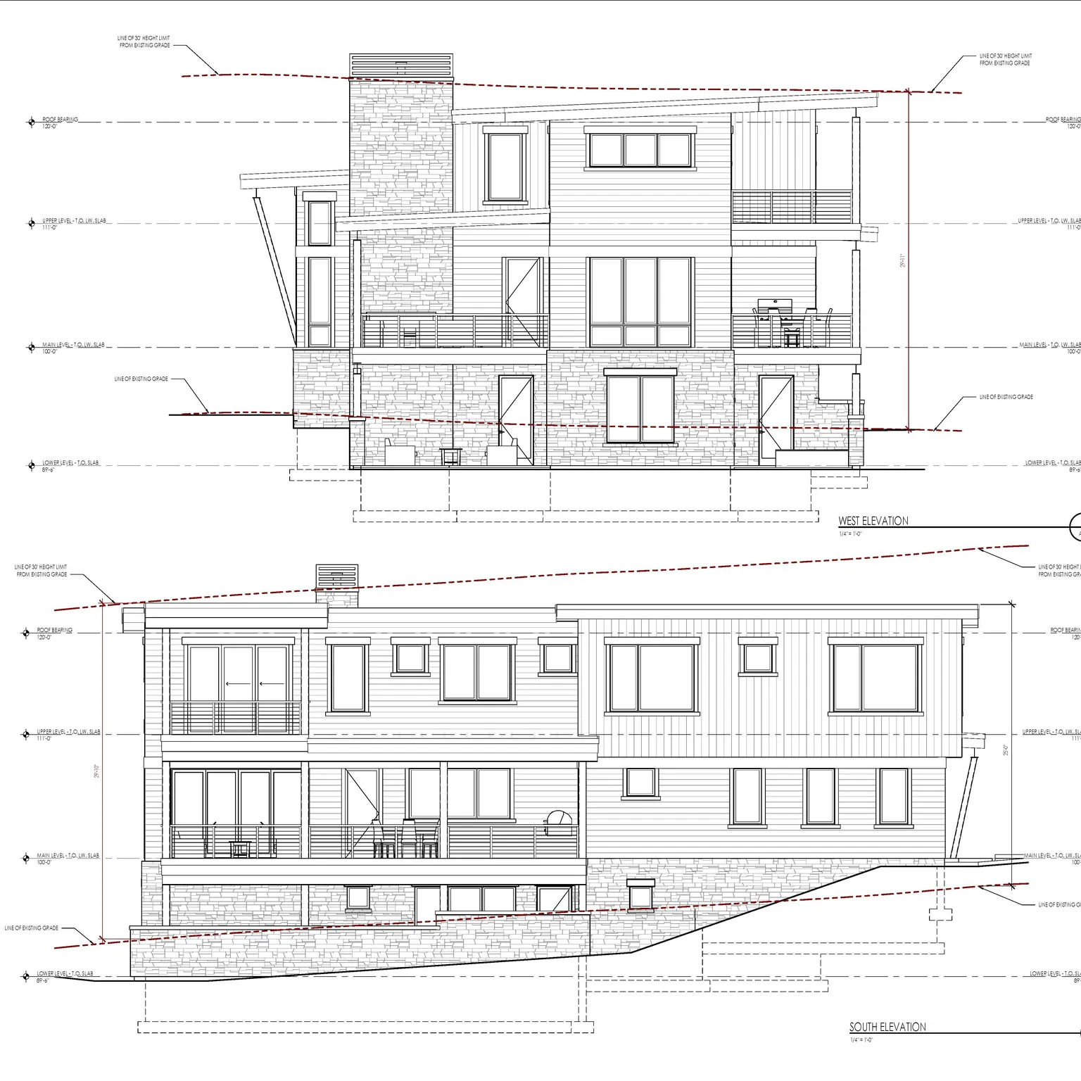 Architectural Plans. Displaying West and South elevations of the property with associated grade and height lines