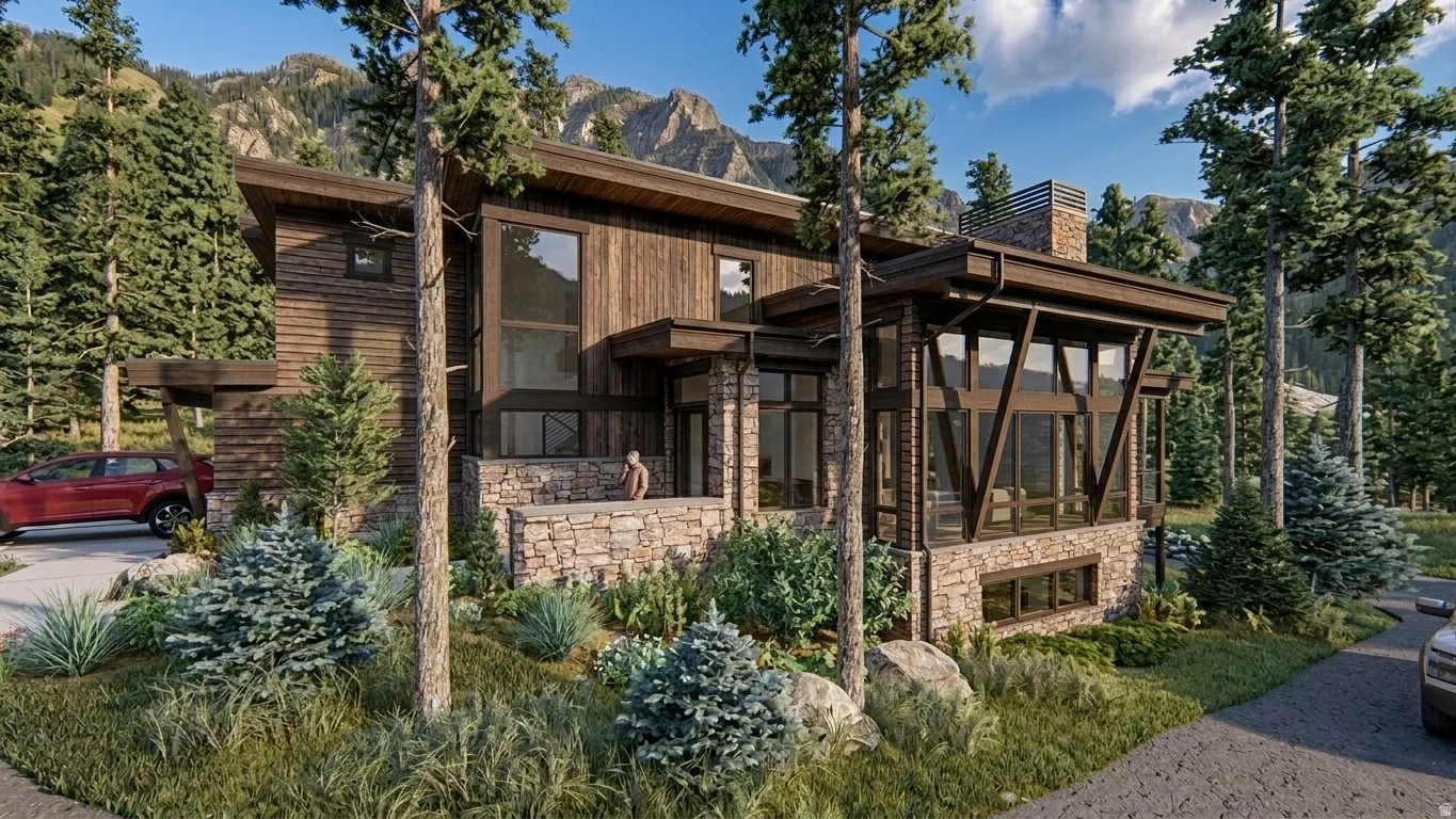 Modern mountain residence featuring a stone and wood facade, integrated carport, and expansive windows
