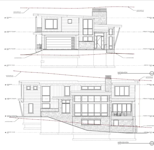 Architectural Plans. Displaying the East and North elevations of the property with associated grade lines and height limitations