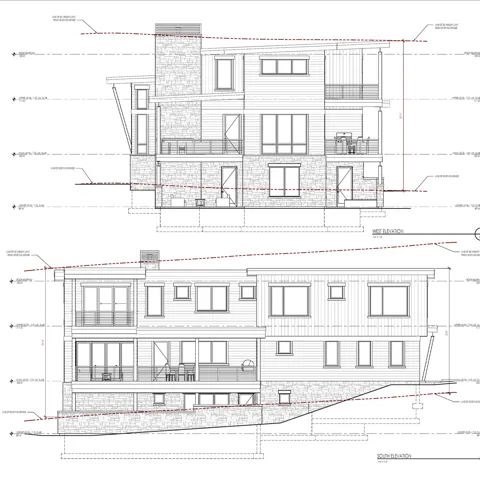 Architectural Plans. Displaying West and South elevations of the property with associated grade and height lines