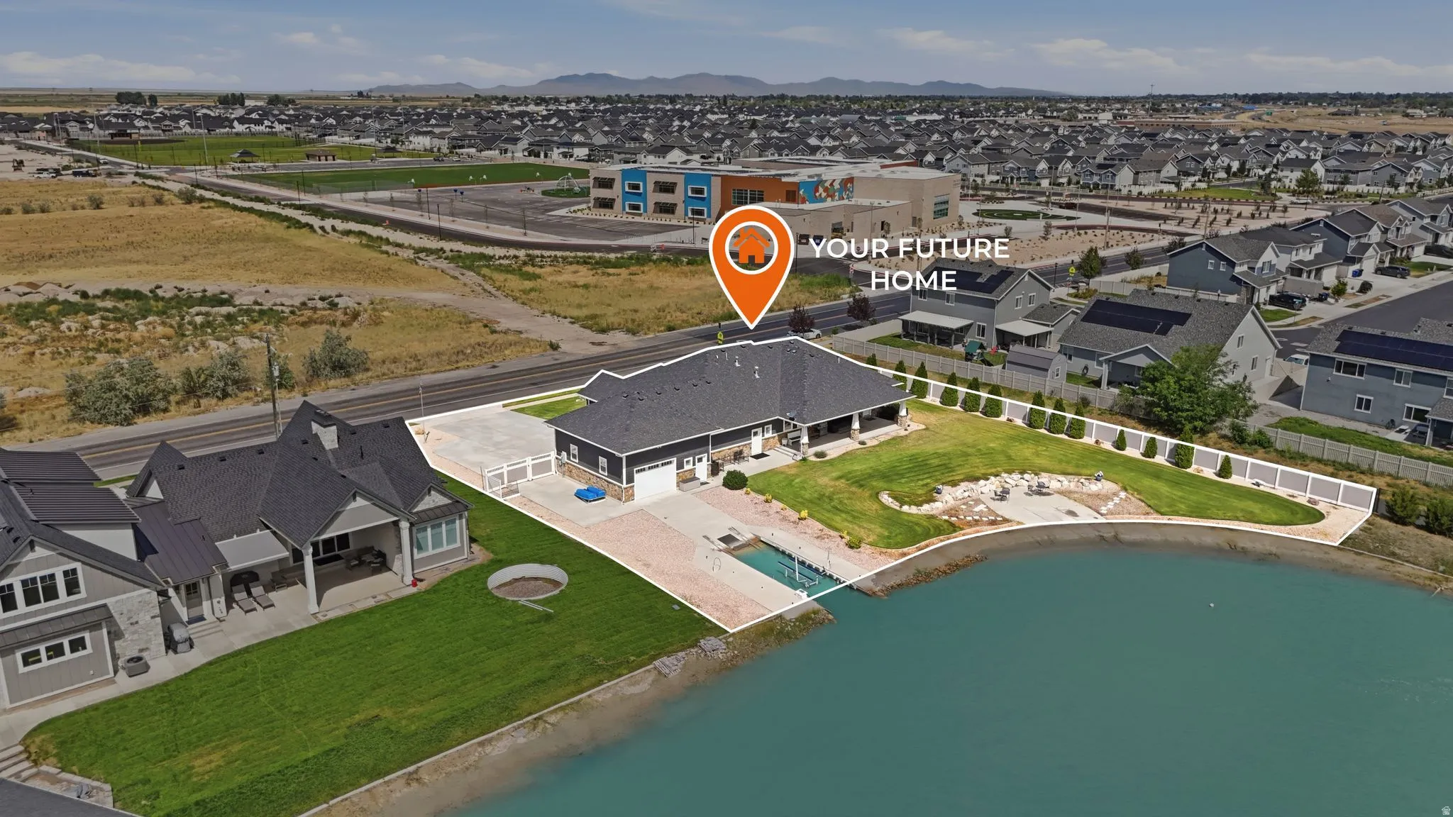 Waterfront property featuring a landscaped lawn, a private dock, and a patio area