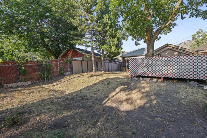 Expansive backyard featuring mature trees, a red chain-link fence, and a decorative white lattice screen
