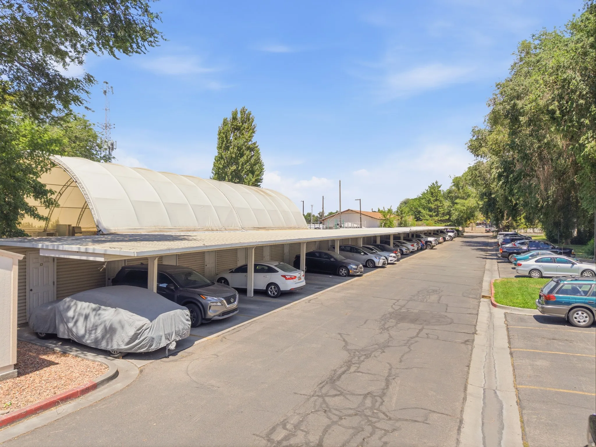 Expansive covered parking area featuring multiple vehicle spaces, an asphalt driving surface, and mature perimeter trees