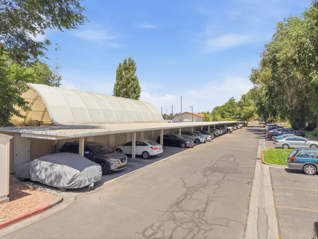 Expansive covered parking area featuring multiple vehicle spaces, an asphalt driving surface, and mature perimeter trees
