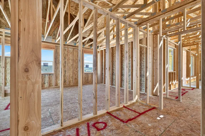 New construction framing featuring wood studs and engineered wood sheathing