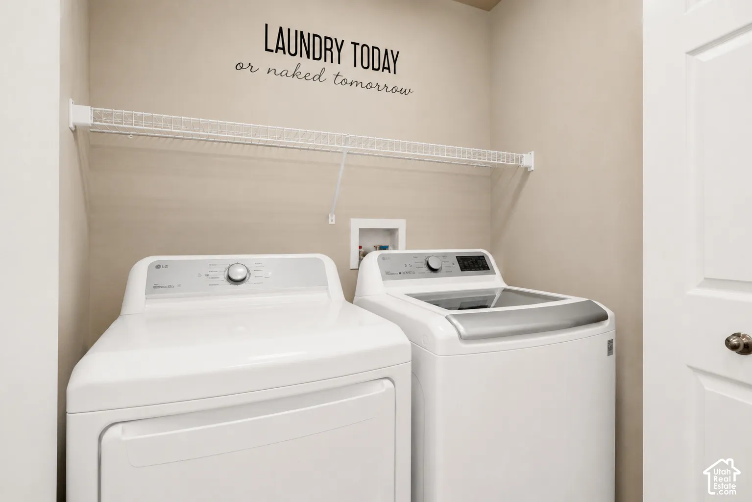 Laundry area featuring a wire storage shelf