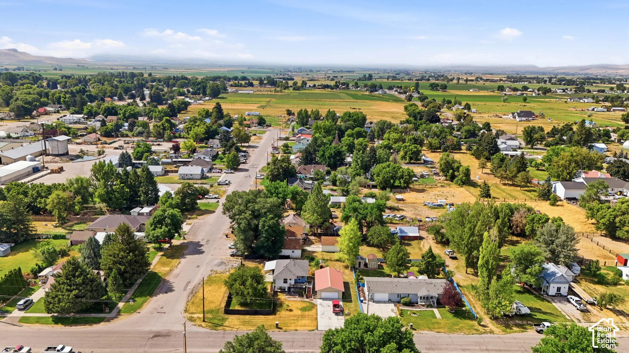 Expansive aerial perspective showcasing a residential neighborhood with a mix of established homes and mature trees