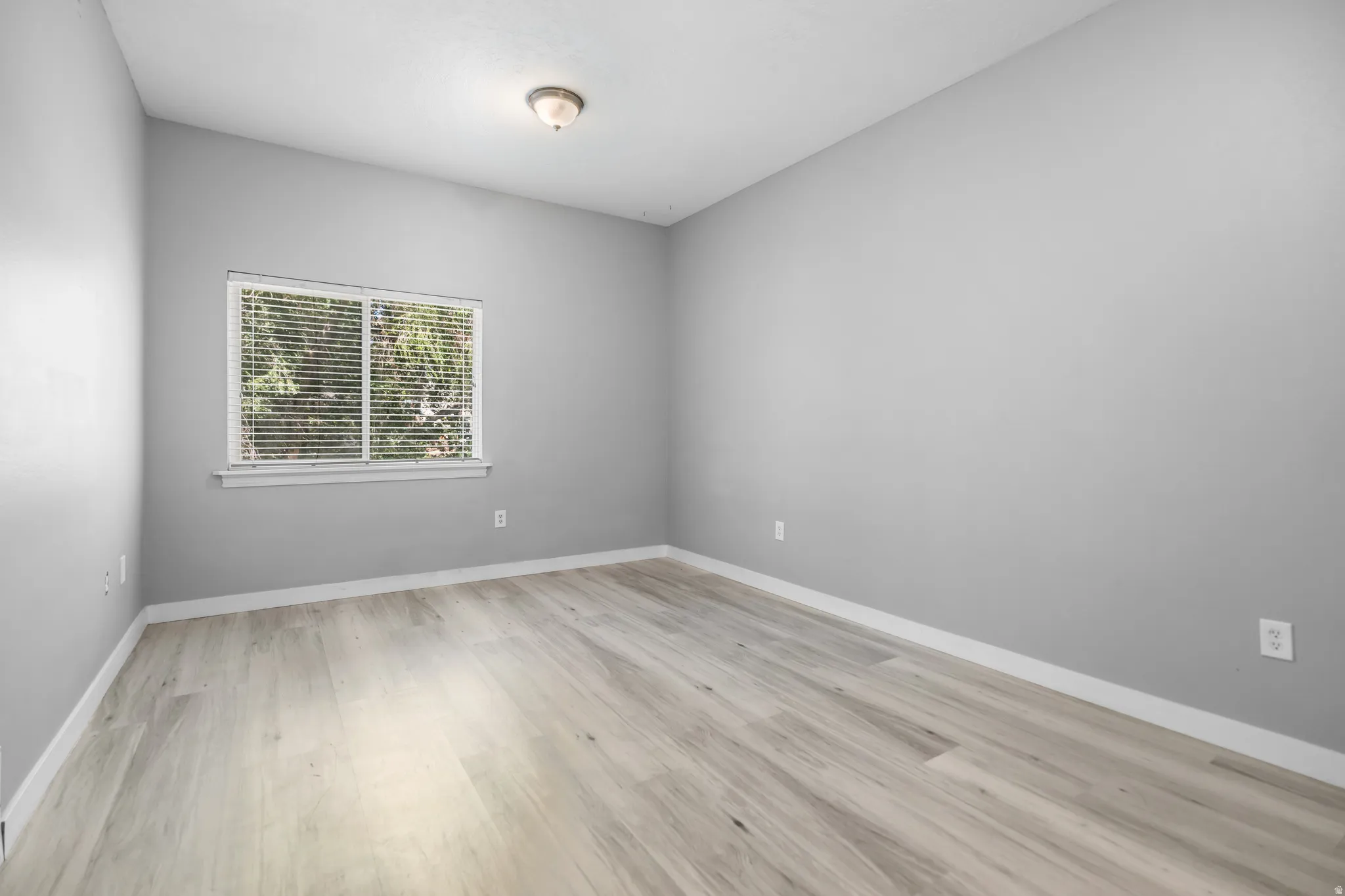 Interior room featuring light gray walls, wood-finish flooring, white baseboards, and a window with white blinds