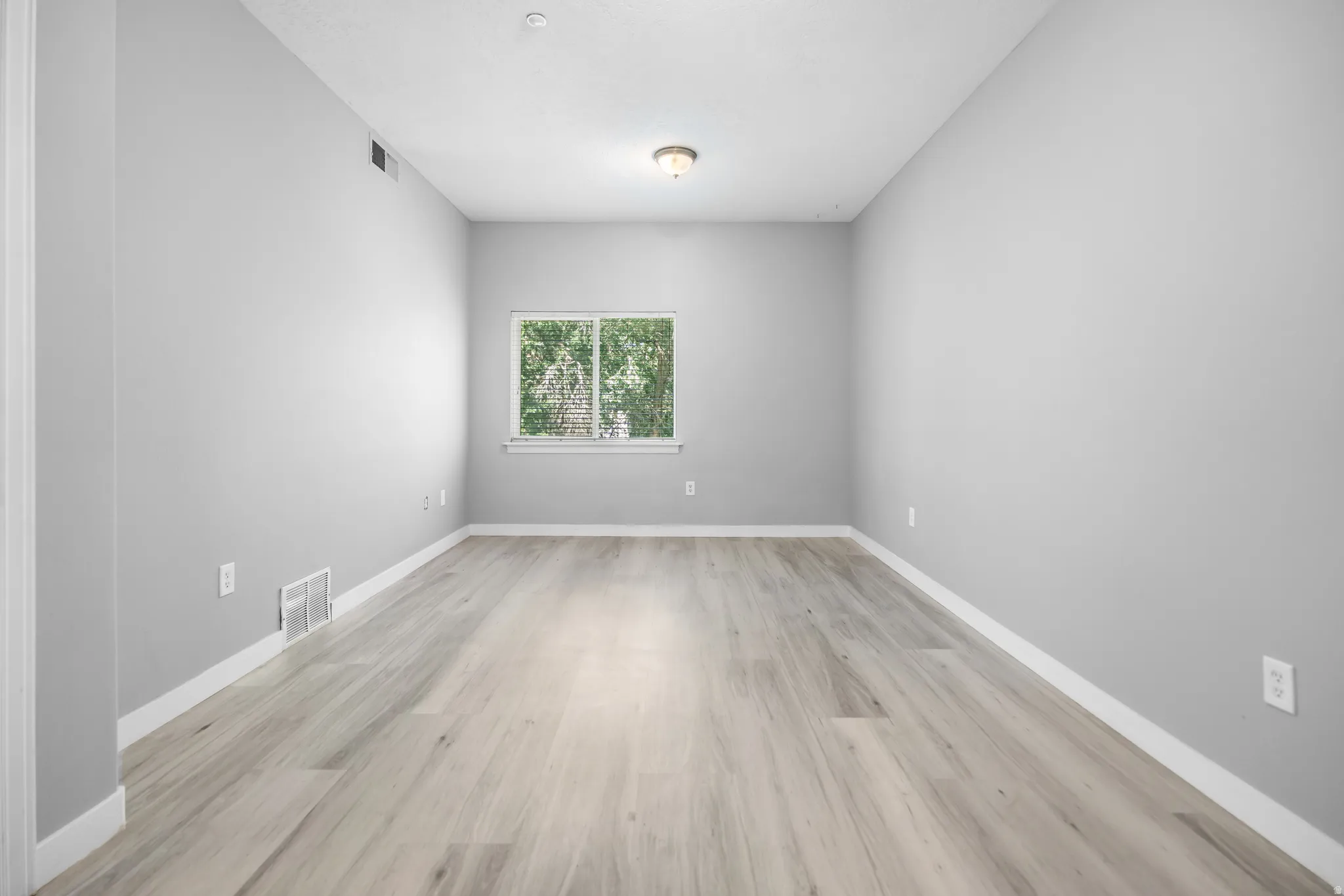 Spacious room featuring light wood-finish flooring, neutral gray walls, a window with exterior tree views, white baseboards, and a flush-mount ceiling light fixture