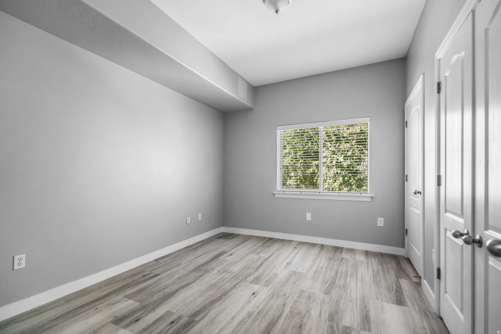 Light-filled interior space featuring wood-finish flooring, a window with blinds, two white paneled doors with chrome hardware, and light gray wall finishes
